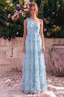 Laden Sie das Bild in den Galerie-Viewer, Ein Schulter-Lightblau-A-Linien-Maxikleid mit 3D-Blumen