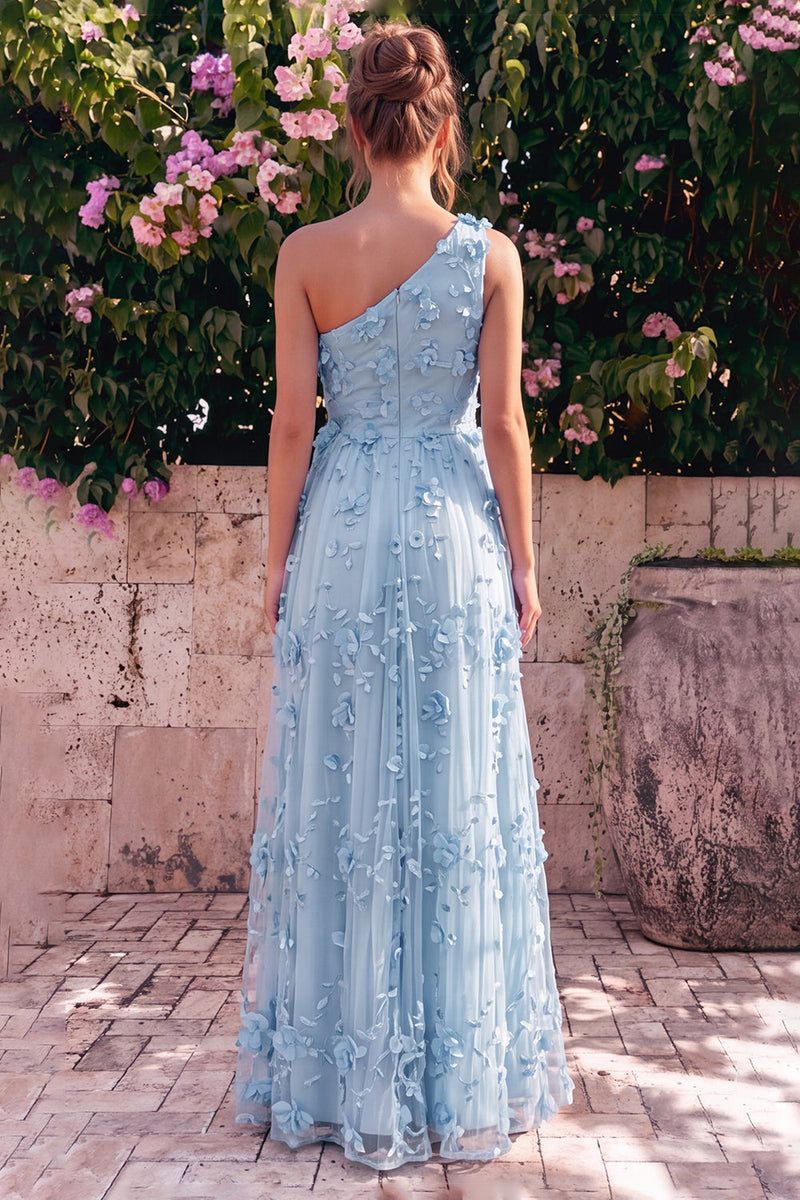 Laden Sie das Bild in den Galerie-Viewer, Ein Schulter-Lightblau-A-Linien-Maxikleid mit 3D-Blumen