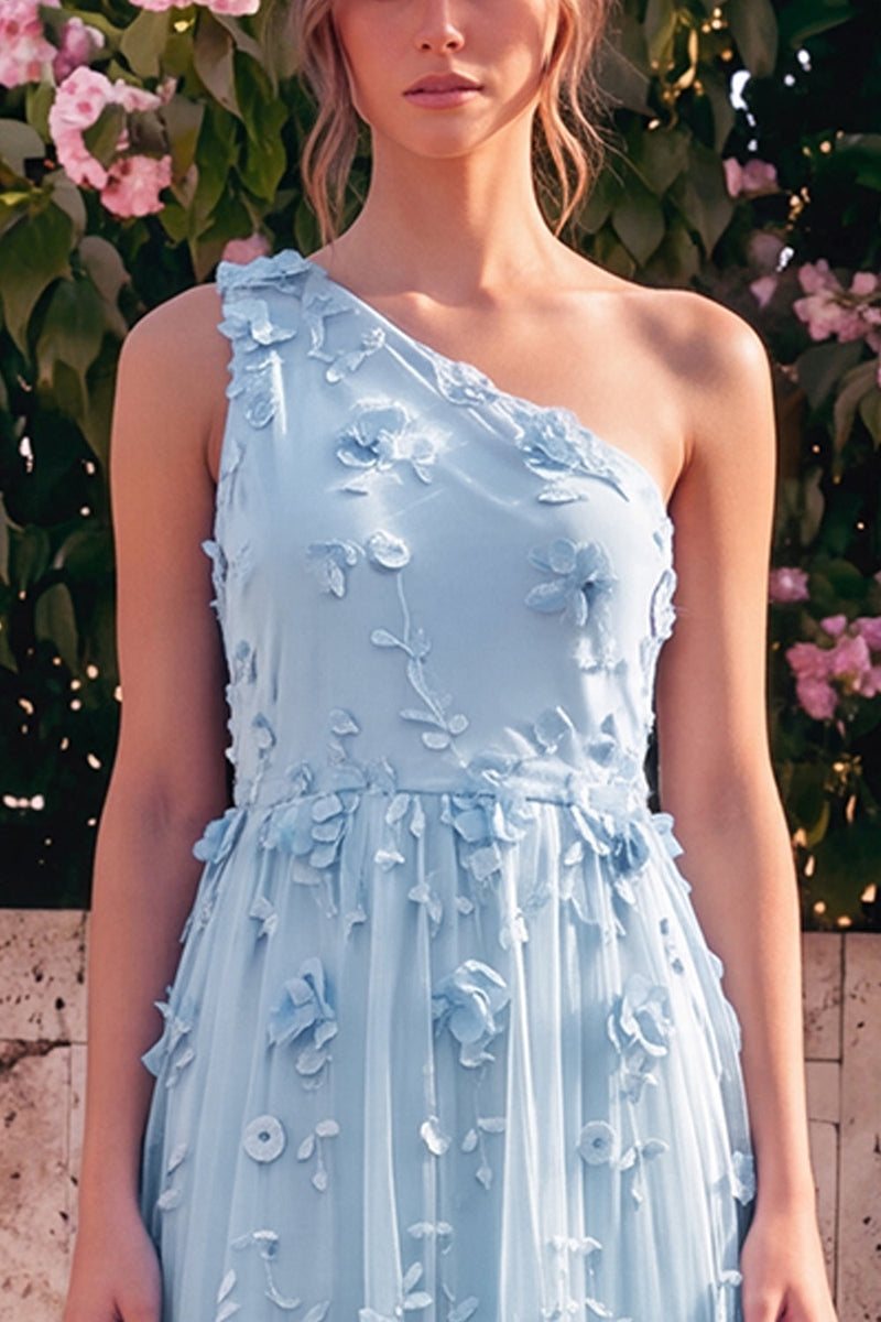 Laden Sie das Bild in den Galerie-Viewer, Ein Schulter-Lightblau-A-Linien-Maxikleid mit 3D-Blumen