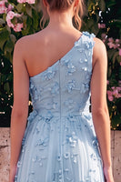 Laden Sie das Bild in den Galerie-Viewer, Ein Schulter-Lightblau-A-Linien-Maxikleid mit 3D-Blumen