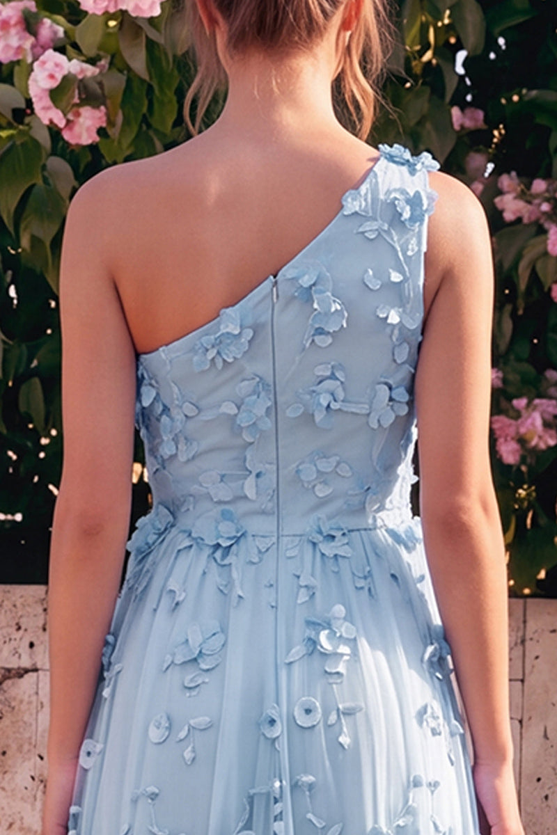 Laden Sie das Bild in den Galerie-Viewer, Ein Schulter-Lightblau-A-Linien-Maxikleid mit 3D-Blumen