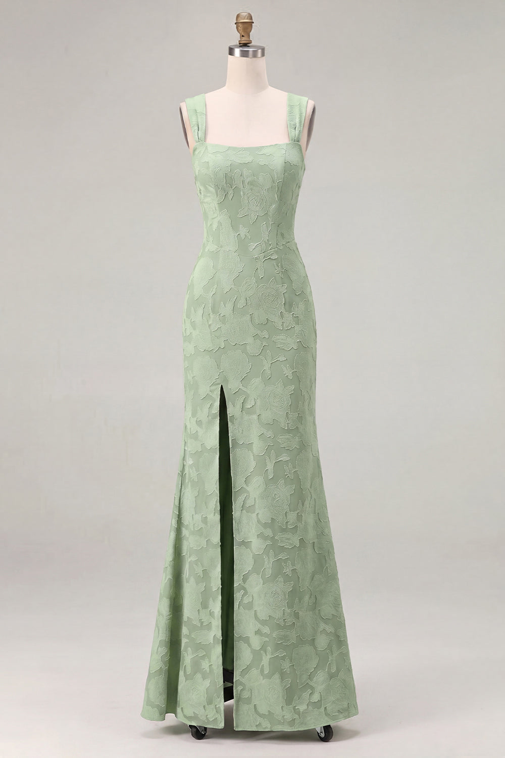 Meerjungfrauen Staubiges Salbei Blumen Quadrathals Langes Brautjungfernkleid mit Schlitz