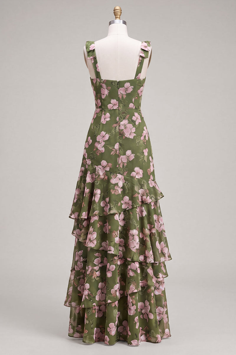 Laden Sie das Bild in den Galerie-Viewer, Grüne Blume A-Linien mit gestuftem Chiffon mit gerafften dicken Trägern und langem Brautjungfernkleid