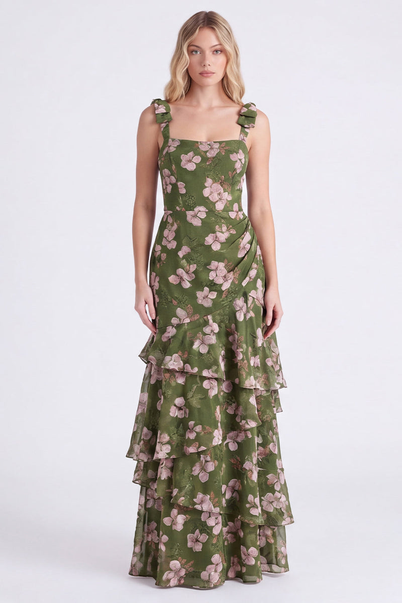 Laden Sie das Bild in den Galerie-Viewer, Grüne Blume A-Linien mit gestuftem Chiffon mit gerafften dicken Trägern und langem Brautjungfernkleid
