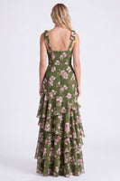 Laden Sie das Bild in den Galerie-Viewer, Grüne Blume A-Linien mit gestuftem Chiffon mit gerafften dicken Trägern und langem Brautjungfernkleid