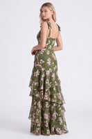 Laden Sie das Bild in den Galerie-Viewer, Grüne Blume A-Linien mit gestuftem Chiffon mit gerafften dicken Trägern und langem Brautjungfernkleid