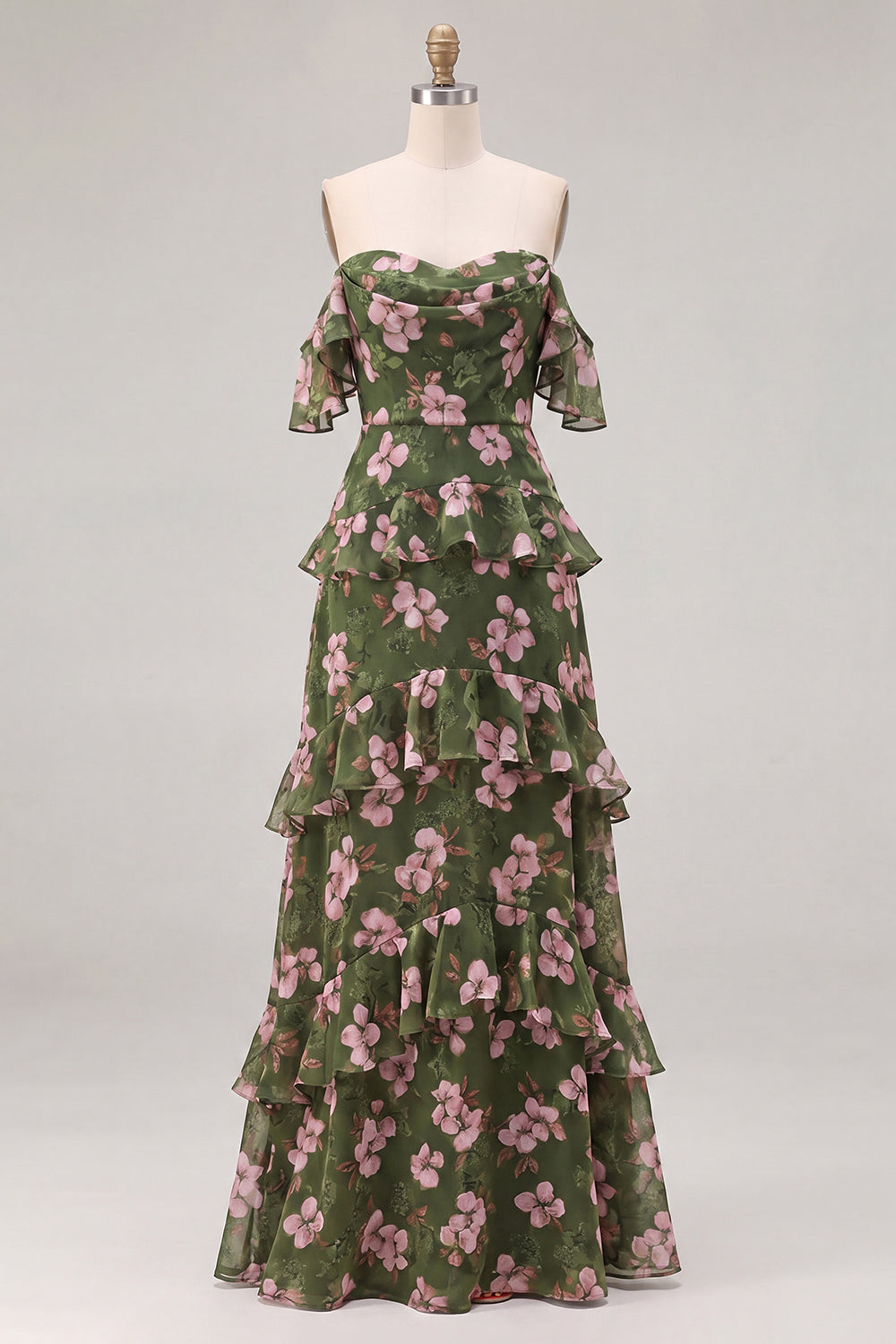 Schulterloses Grünes Blumen Chiffon Brautjungfernkleid mit Rüschen in A-Linie