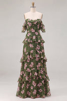 Laden Sie das Bild in den Galerie-Viewer, Schulterloses, grünes Blumen-Chiffonkleid mit Rüschen und A-Linie