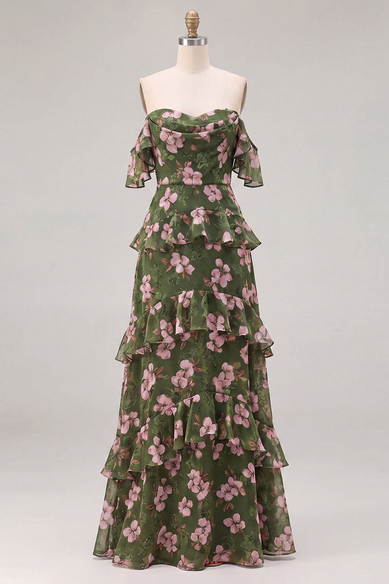 Laden Sie das Bild in den Galerie-Viewer, Schulterloses, grünes Blumen-Chiffonkleid mit Rüschen und A-Linie