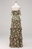 Laden Sie das Bild in den Galerie-Viewer, Schulterloses, grünes Blumen-Chiffonkleid mit Rüschen und A-Linie