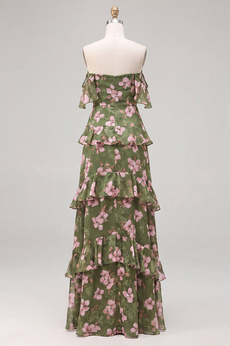 Laden Sie das Bild in den Galerie-Viewer, Schulterloses, grünes Blumen-Chiffonkleid mit Rüschen und A-Linie