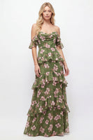 Laden Sie das Bild in den Galerie-Viewer, Schulterloses, grünes Blumen-Chiffonkleid mit Rüschen und A-Linie