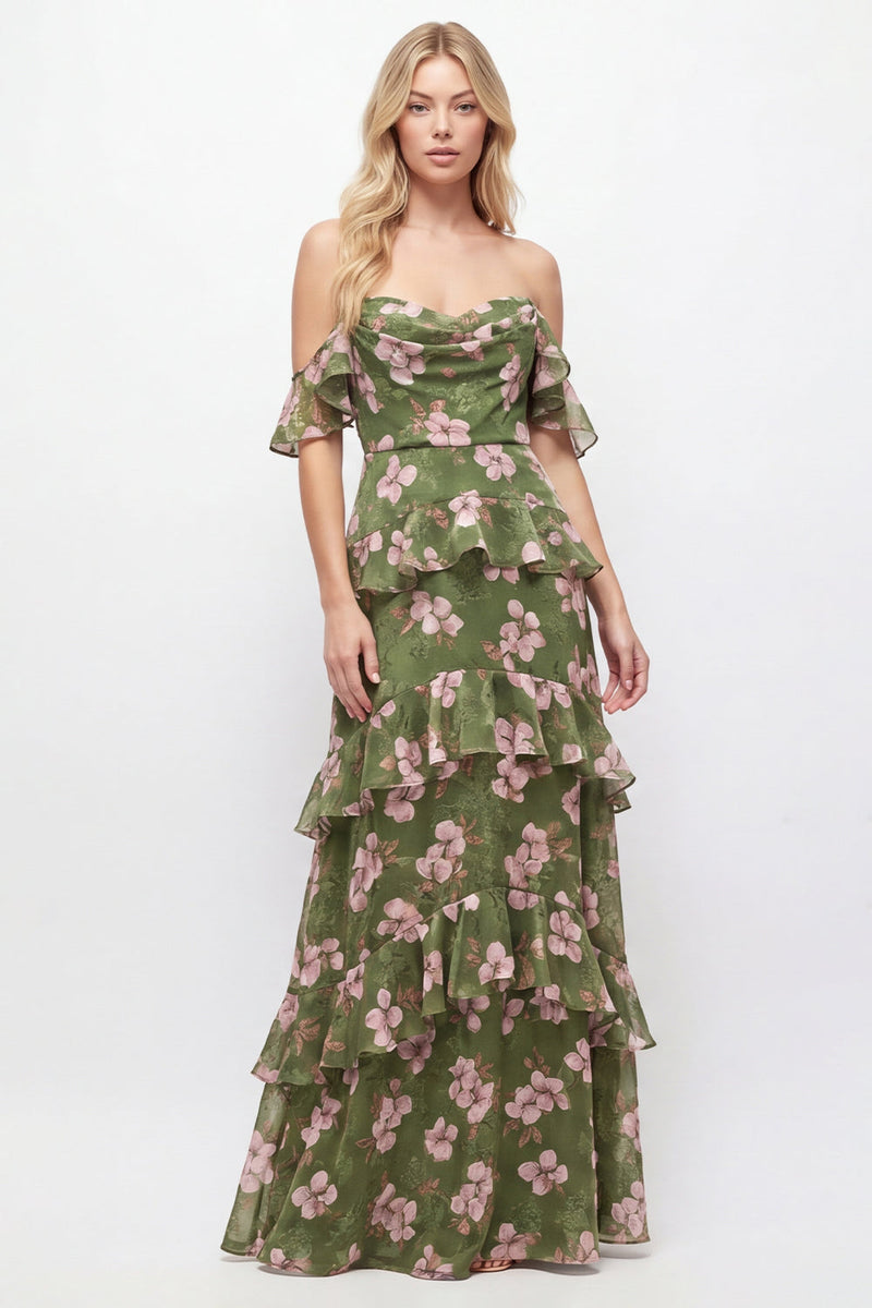Laden Sie das Bild in den Galerie-Viewer, Schulterloses, grünes Blumen-Chiffonkleid mit Rüschen und A-Linie