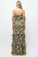 Laden Sie das Bild in den Galerie-Viewer, Schulterloses, grünes Blumen-Chiffonkleid mit Rüschen und A-Linie