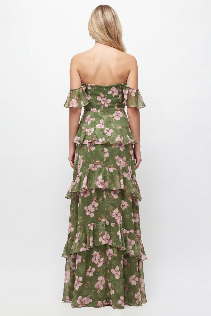 Laden Sie das Bild in den Galerie-Viewer, Schulterloses, grünes Blumen-Chiffonkleid mit Rüschen und A-Linie