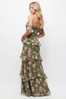 Laden Sie das Bild in den Galerie-Viewer, Schulterloses, grünes Blumen-Chiffonkleid mit Rüschen und A-Linie