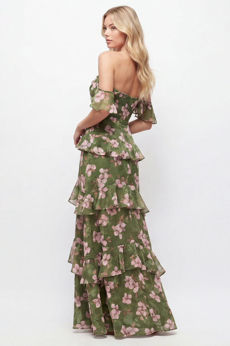 Laden Sie das Bild in den Galerie-Viewer, Schulterloses, grünes Blumen-Chiffonkleid mit Rüschen und A-Linie
