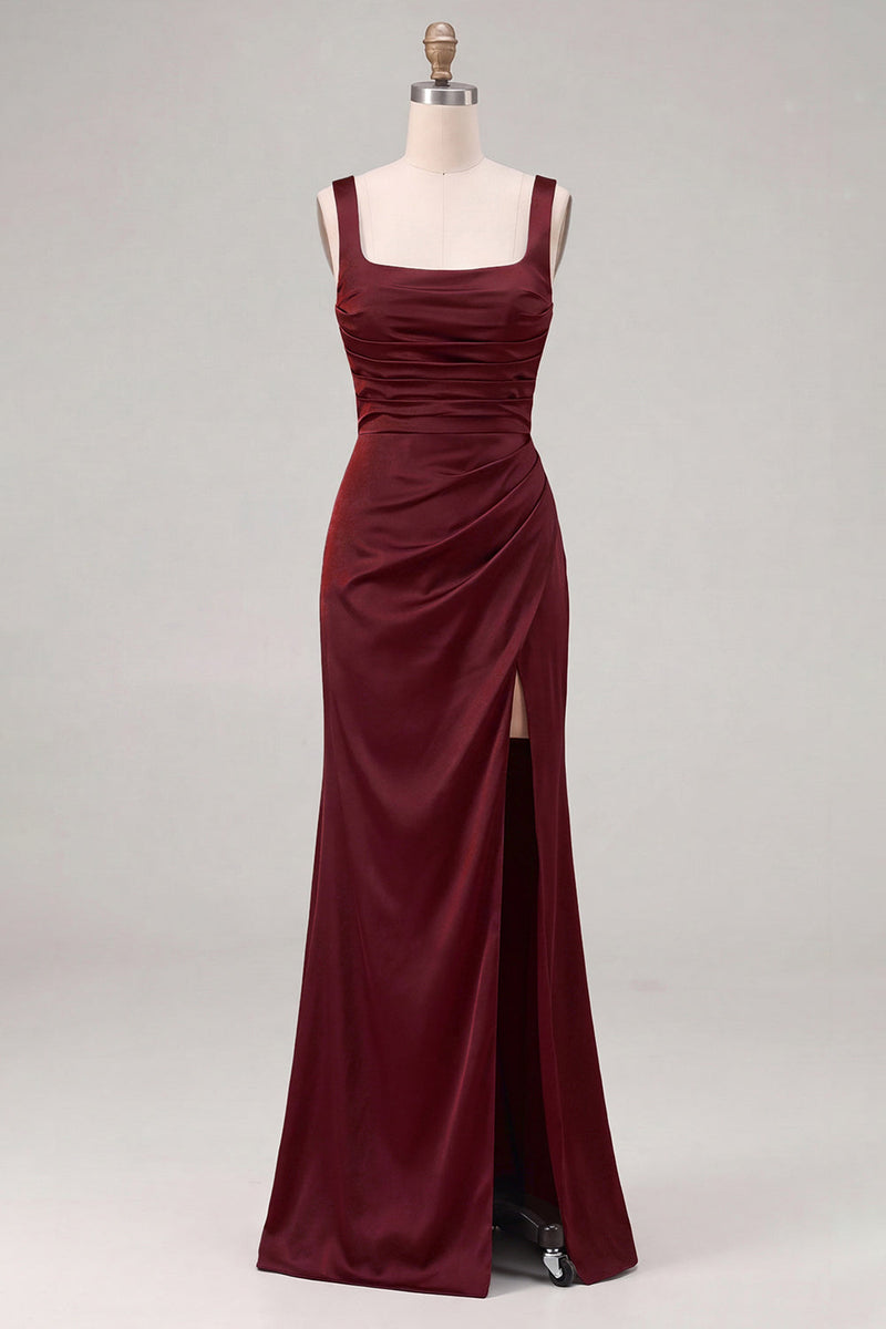 Laden Sie das Bild in den Galerie-Viewer, Espresso-Satin-Meerjungfrauen-Quadrathals-Brautjungfernkleid mit Schlitz