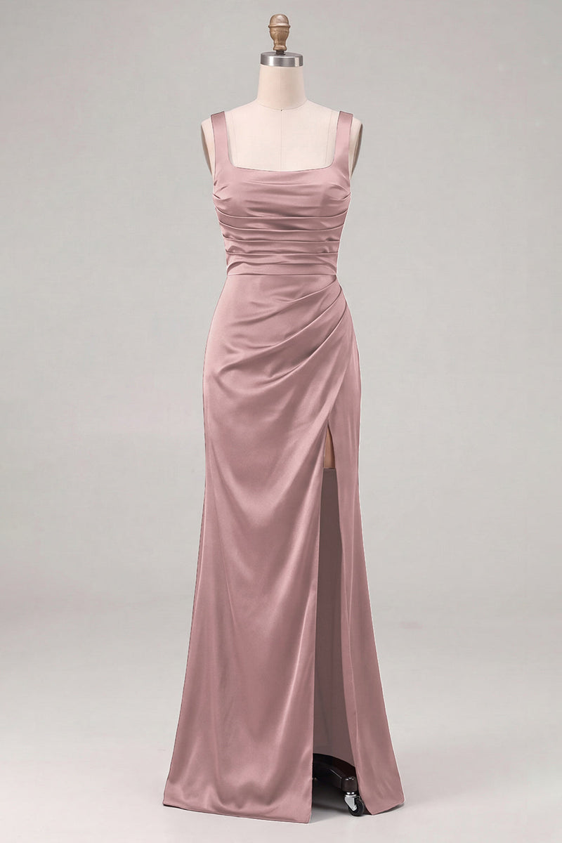 Laden Sie das Bild in den Galerie-Viewer, Espresso-Satin-Meerjungfrauen-Quadrathals-Brautjungfernkleid mit Schlitz