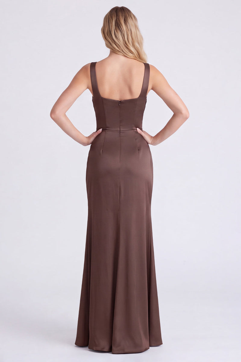 Laden Sie das Bild in den Galerie-Viewer, Espresso-Satin-Meerjungfrauen-Quadrathals-Brautjungfernkleid mit Schlitz