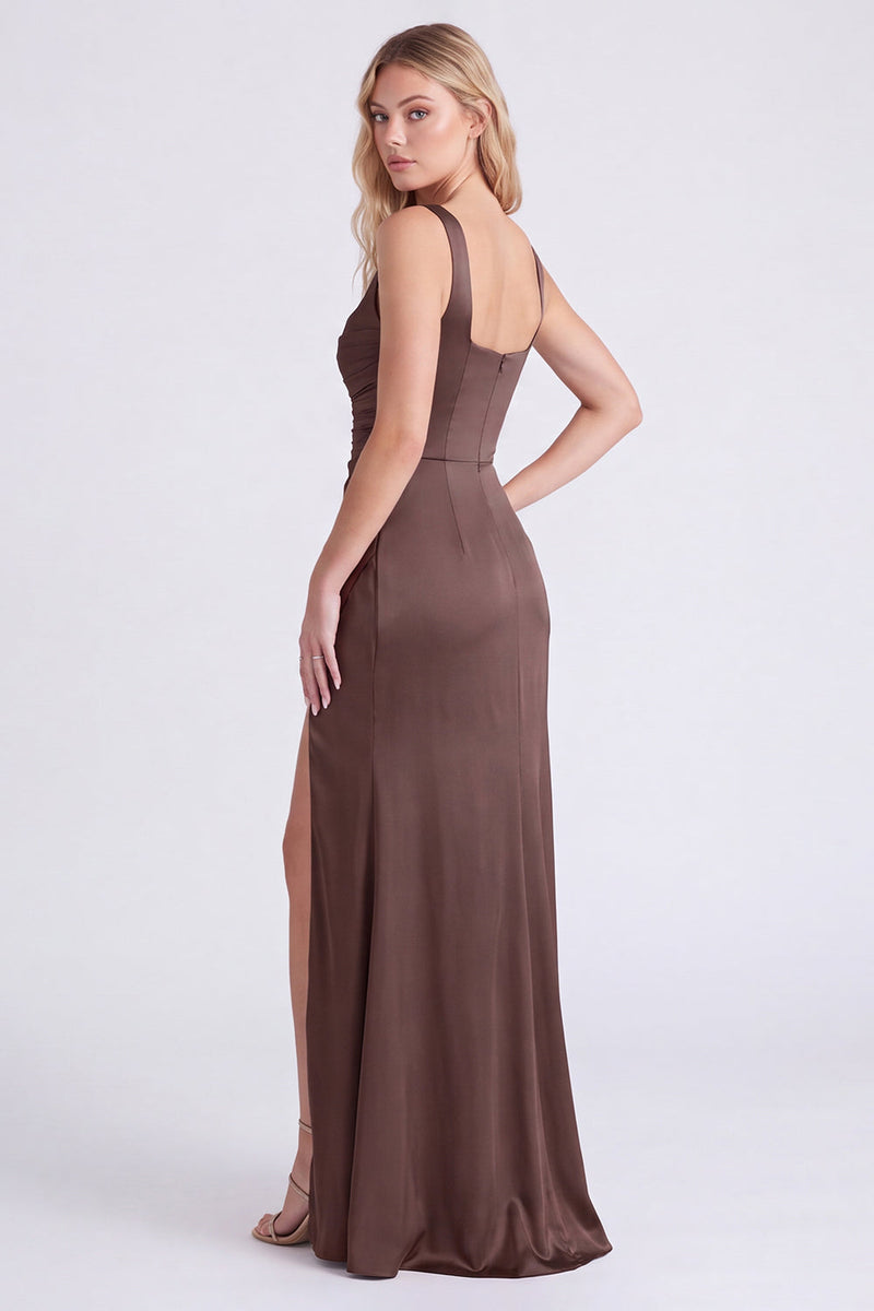 Laden Sie das Bild in den Galerie-Viewer, Espresso-Satin-Meerjungfrauen-Quadrathals-Brautjungfernkleid mit Schlitz