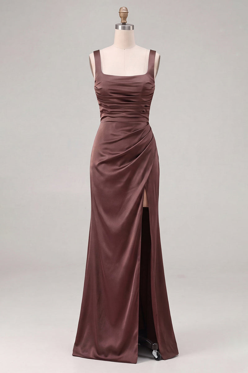 Laden Sie das Bild in den Galerie-Viewer, Espresso-Satin-Meerjungfrauen-Quadrathals-Brautjungfernkleid mit Schlitz
