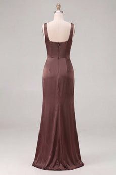 Espresso Satin Meerjungfrauen Quadrathals Brautjungfernkleid mit Schlitz