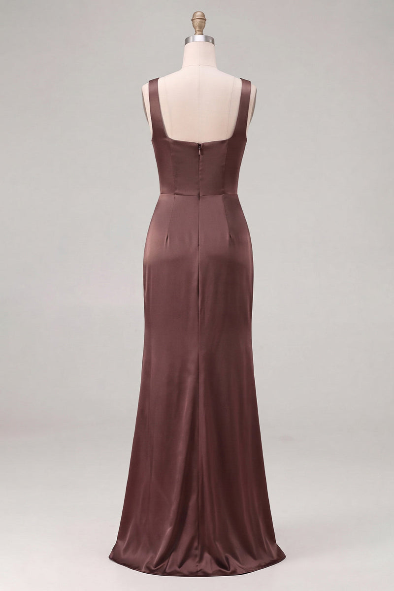 Laden Sie das Bild in den Galerie-Viewer, Espresso-Satin-Meerjungfrauen-Quadrathals-Brautjungfernkleid mit Schlitz