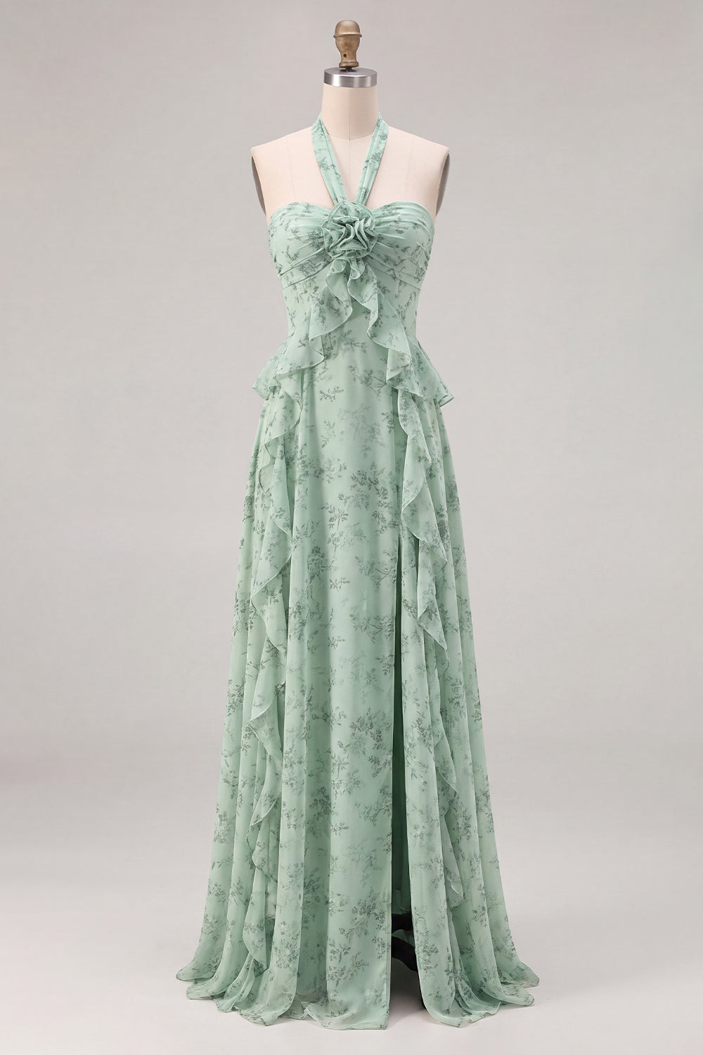Salbei Floral Chiffon Neckholderhals Rüschen Langes Brautjungfernkleid mit Schlitz