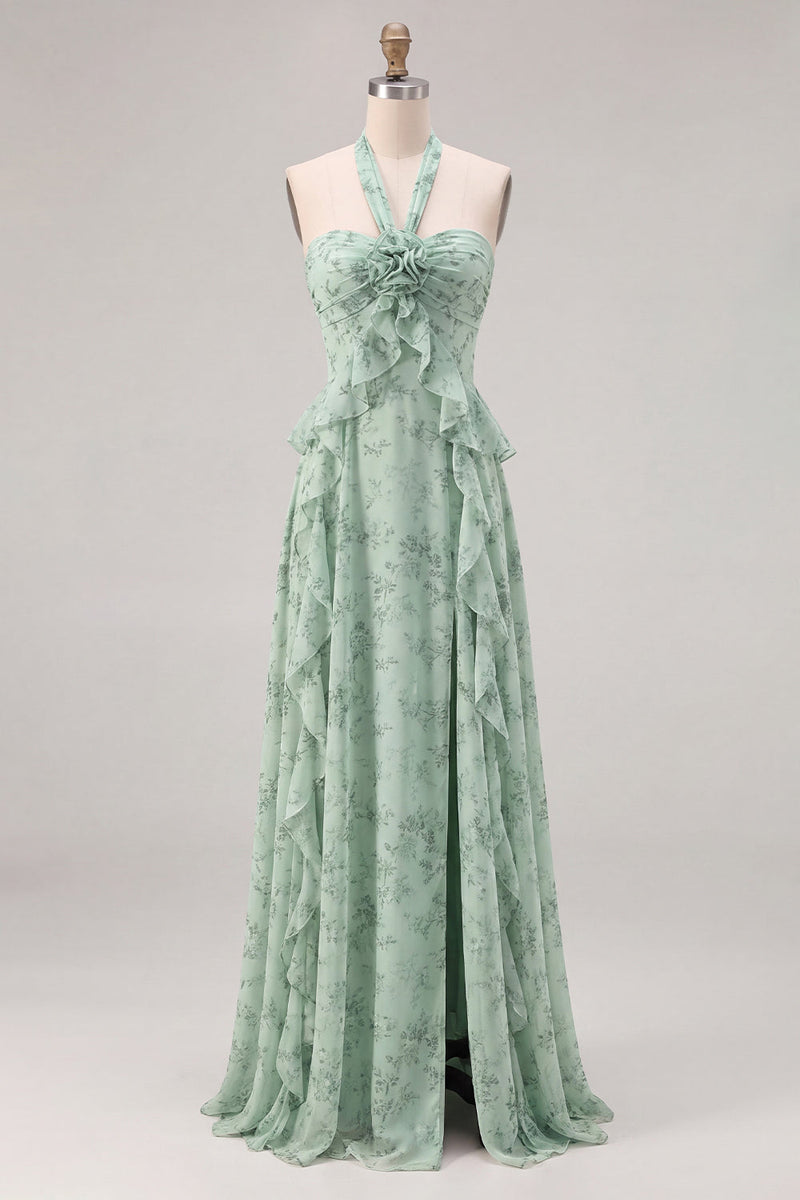Laden Sie das Bild in den Galerie-Viewer, Salbei-Floral-Chiffon-Chiffon-Neckholderhals mit Rüschen und langem Brautjungfernkleid mit Schlitz