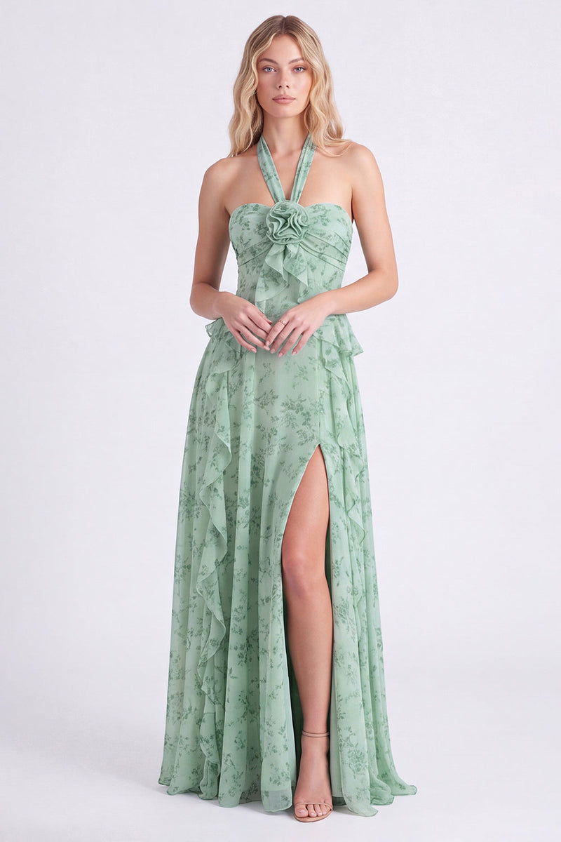 Laden Sie das Bild in den Galerie-Viewer, Salbei-Floral-Chiffon-Chiffon-Neckholderhals mit Rüschen und langem Brautjungfernkleid mit Schlitz