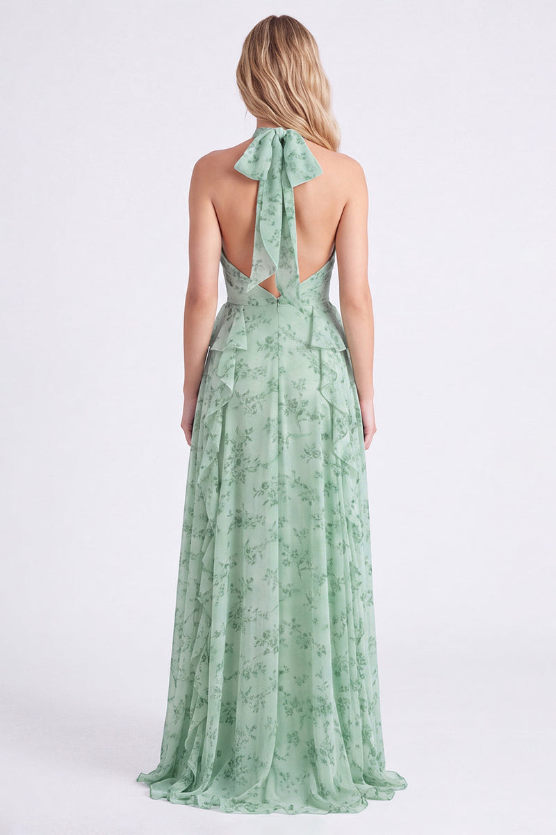 Laden Sie das Bild in den Galerie-Viewer, Salbei-Floral-Chiffon-Chiffon-Neckholderhals mit Rüschen und langem Brautjungfernkleid mit Schlitz