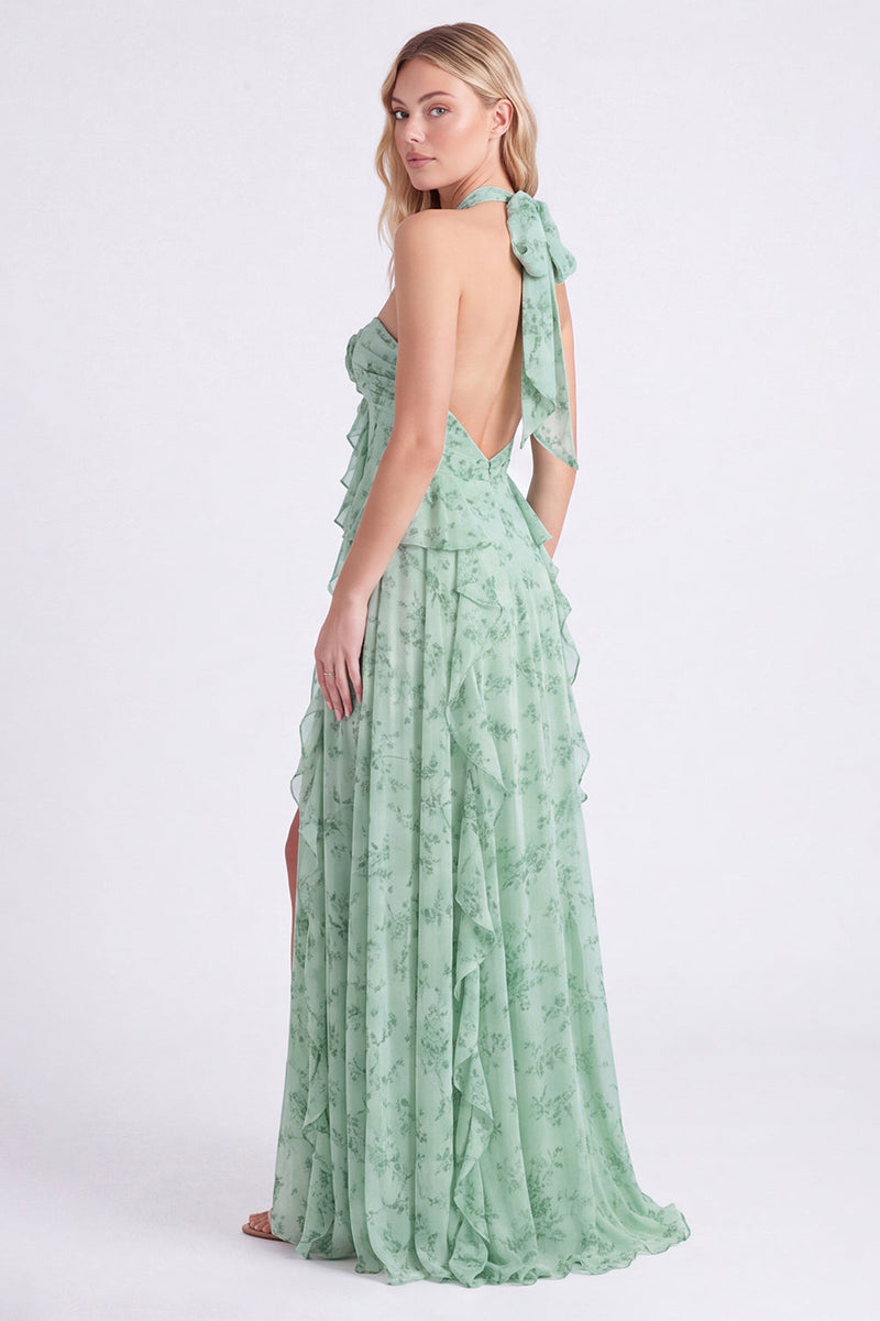 Laden Sie das Bild in den Galerie-Viewer, Salbei-Floral-Chiffon-Chiffon-Neckholderhals mit Rüschen und langem Brautjungfernkleid mit Schlitz