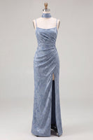 Laden Sie das Bild in den Galerie-Viewer, Staubiges Blaues Jacquard Maxi Brautjungfernkleid mit Halstuch