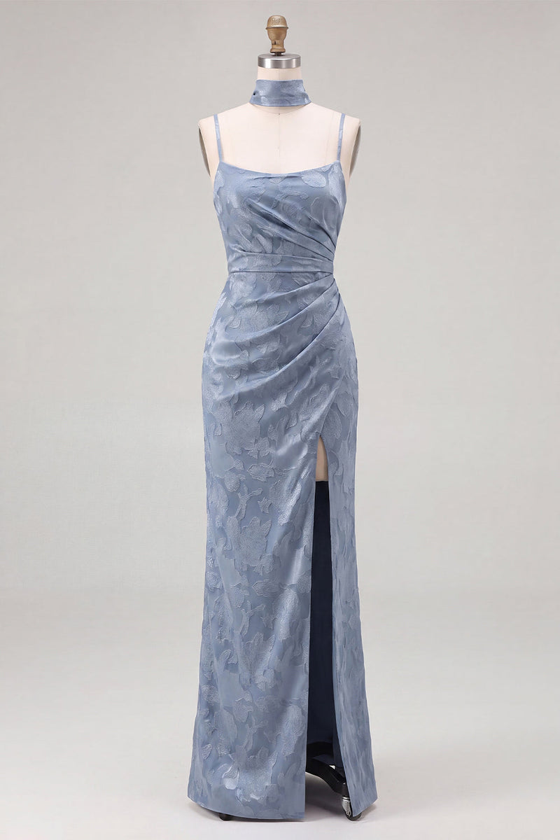 Laden Sie das Bild in den Galerie-Viewer, Staubiges Blaues Jacquard Maxi Brautjungfernkleid mit Halstuch