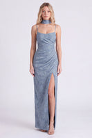 Laden Sie das Bild in den Galerie-Viewer, Staubiges Blaues Jacquard Maxi Brautjungfernkleid mit Halstuch