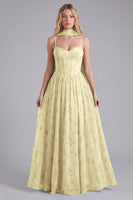 Laden Sie das Bild in den Galerie-Viewer, Salbei Chiffon A-Linie Korsett Langes Brautjungfernkleid mit Blumenmuster und Halstuch