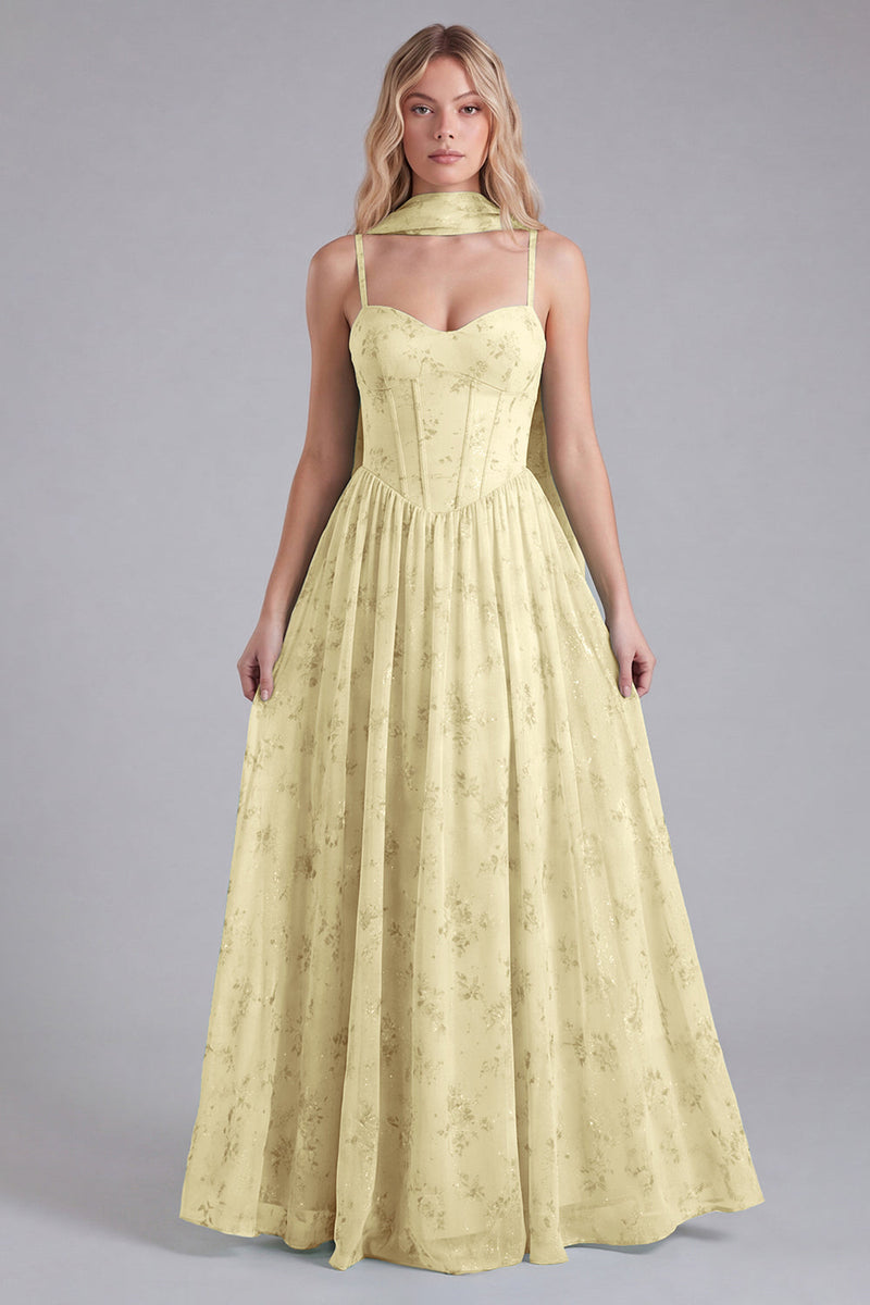 Laden Sie das Bild in den Galerie-Viewer, Salbei Chiffon A-Linie Korsett Langes Brautjungfernkleid mit Blumenmuster und Halstuch