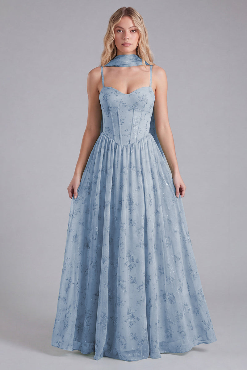 Laden Sie das Bild in den Galerie-Viewer, Salbei Chiffon A-Linie Korsett Langes Brautjungfernkleid mit Blumenmuster und Halstuch