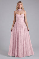 Laden Sie das Bild in den Galerie-Viewer, Salbei Chiffon A-Linie Korsett Langes Brautjungfernkleid mit Blumenmuster und Halstuch