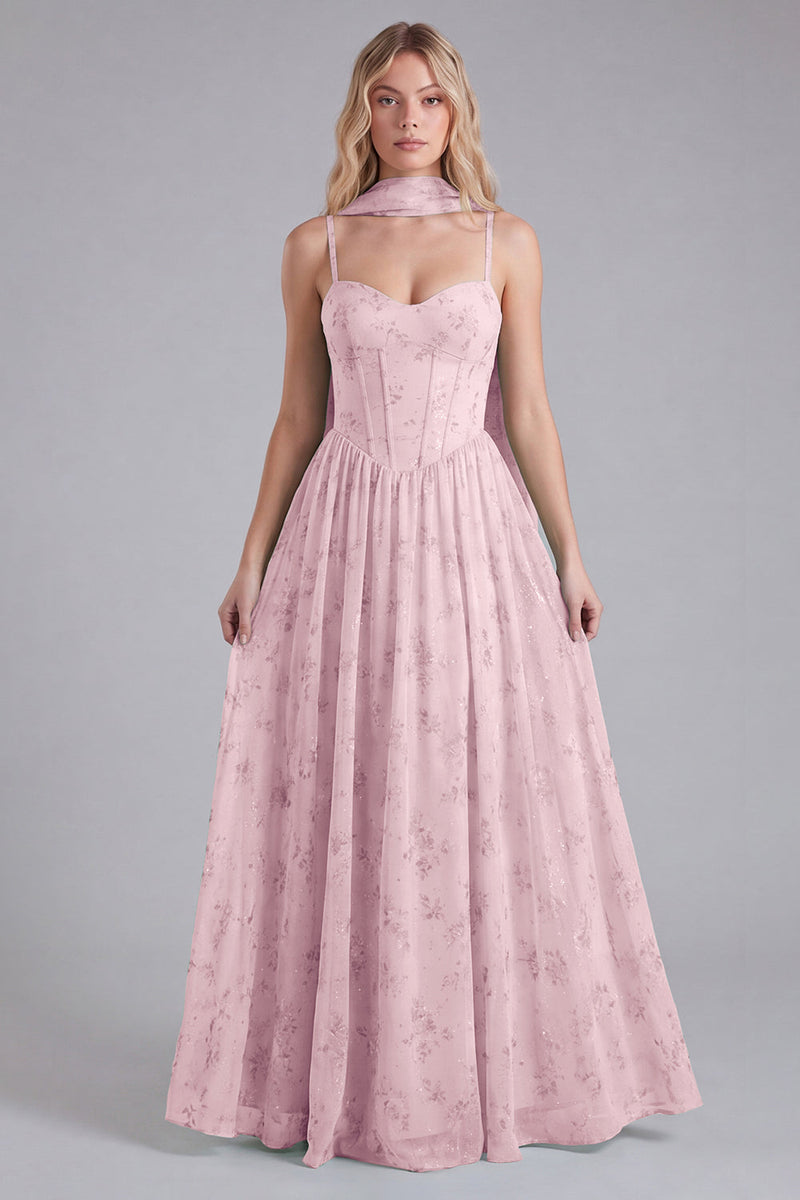 Laden Sie das Bild in den Galerie-Viewer, Salbei Chiffon A-Linie Korsett Langes Brautjungfernkleid mit Blumenmuster und Halstuch