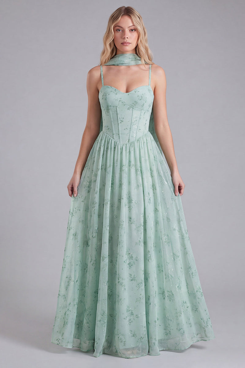 Laden Sie das Bild in den Galerie-Viewer, Salbei Chiffon A-Linie Korsett Langes Brautjungfernkleid mit Blumenmuster und Halstuch
