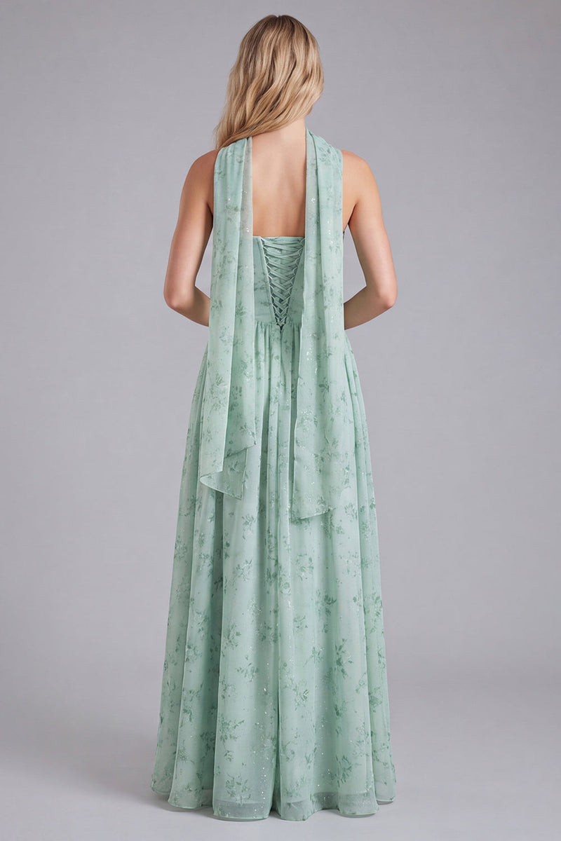 Laden Sie das Bild in den Galerie-Viewer, Salbei Chiffon A-Linie Korsett Langes Brautjungfernkleid mit Blumenmuster und Halstuch