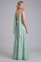 Laden Sie das Bild in den Galerie-Viewer, Salbei Chiffon A-Linie Korsett Langes Brautjungfernkleid mit Blumenmuster und Halstuch
