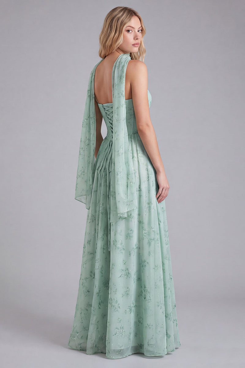 Laden Sie das Bild in den Galerie-Viewer, Salbei Chiffon A-Linie Korsett Langes Brautjungfernkleid mit Blumenmuster und Halstuch