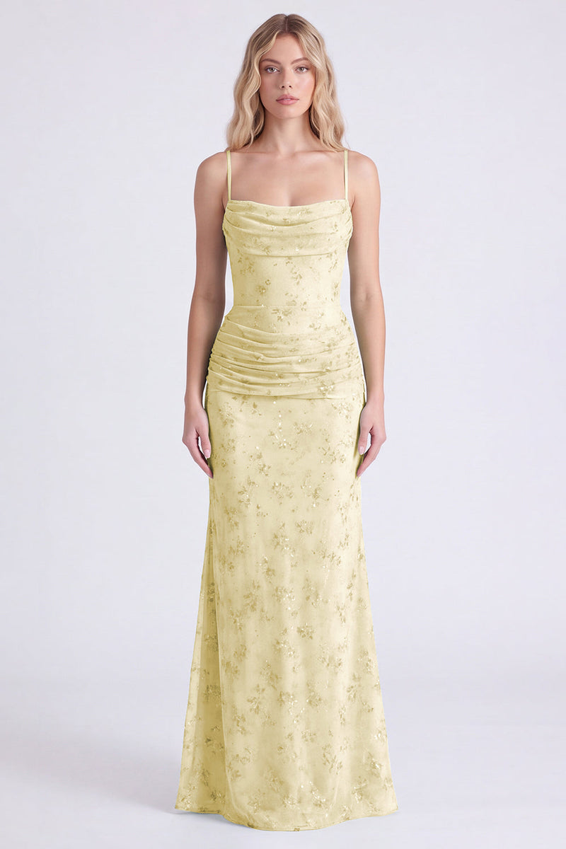 Laden Sie das Bild in den Galerie-Viewer, Salbei Meerjungfrau Floral Chiffon Spaghettiträger Langes Brautjungfernkleid