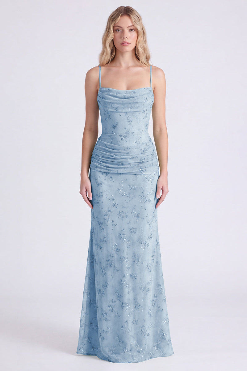 Laden Sie das Bild in den Galerie-Viewer, Salbei Meerjungfrau Floral Chiffon Spaghettiträger Langes Brautjungfernkleid