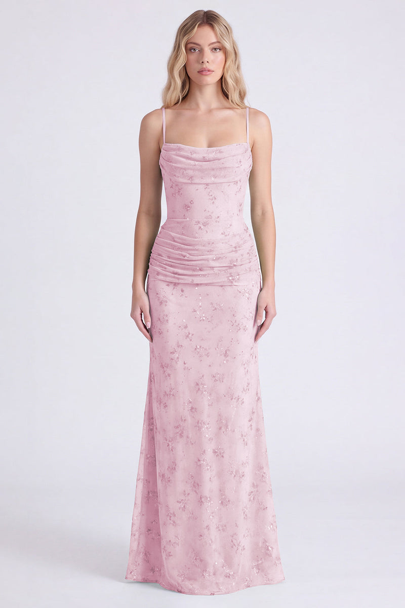 Laden Sie das Bild in den Galerie-Viewer, Salbei Meerjungfrau Floral Chiffon Spaghettiträger Langes Brautjungfernkleid