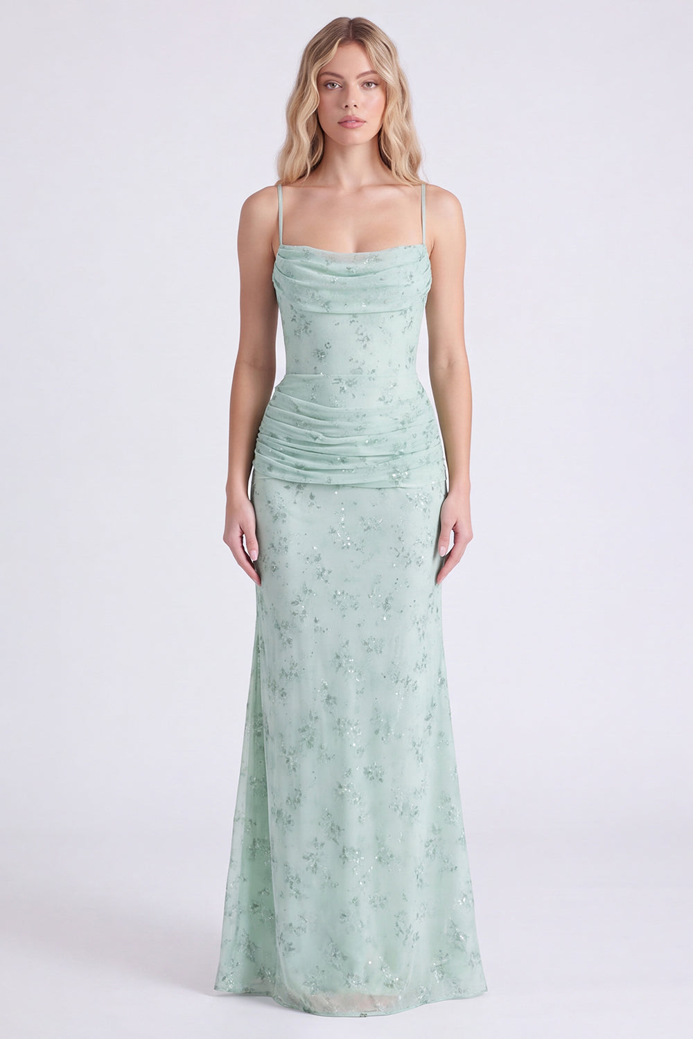 Salbei Meerjungfrau Floral Chiffon Spaghettiträger Langes Brautjungfernkleid
