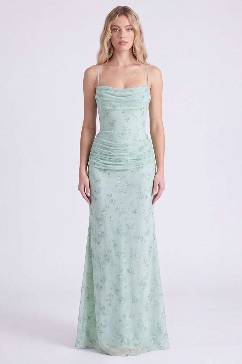 Laden Sie das Bild in den Galerie-Viewer, Salbei Meerjungfrau Floral Chiffon Spaghettiträger Langes Brautjungfernkleid